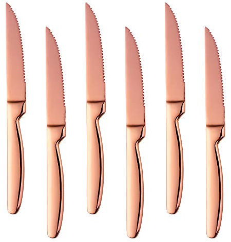 BISDARUN Acier Inoxydable acuité Or Rose Couteau à Steak, 6 Pièces 18/0 élégant Conception Couteau à Vaisselle avec Poli Miroir, Lavable au Lave-vaisselle