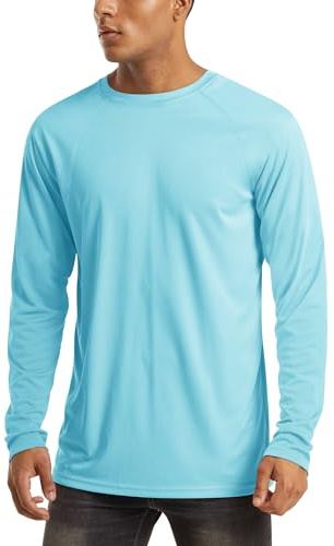 MAGCOMSEN Men's Lake Blue Long Sleeve Shirt for Men: Running, Workout, Hiking, Camping, Fishing, Sailing, Swimming and Thermal Underwear