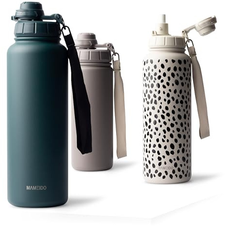 MAMEIDO Thermosflasche mit Strohhalm 1,2 l, auslaufsichere Trinkflasche Edelstahl isoliert, Wasserflasche BPA-frei mit Trageschlaufe, Water Bottle Sport (Ocean Bloom)