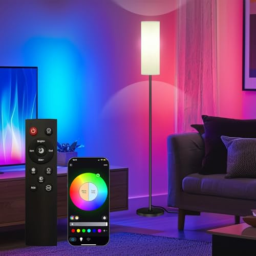 Qaubauyt Smart LED Floor Lamp with APP Control & RGB Colors - Dimmable Standing Lamp for Living Room, Bedroom, Gaming - Remote, Timer, 9W Bulb Included, 67 Modern Tall Lamp (black pole + white shade)