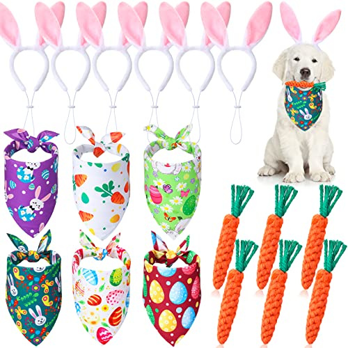18 Pieces Easter Dog Costumes Including Bunny Ears Headband Easter Dog Bandanas Rope Toys Carrots Puppy Teething Chew Toys for Small Medium Large Party Costume Accessory