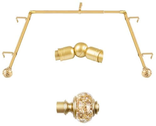3/4 Inch Gold Bay Window Curtain Rods, USFOOK Telescoping Curtain Rods for Bay Windows 36-72 Inch (Center Rod), 20-36 Inch (Side Rods) with Translucent Finials