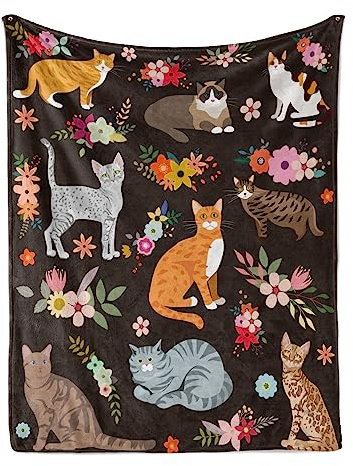 Cat Blanket, Soft Flannel Cats and Flowers Throw Blanket, 50 x 60 Inch | Blue Cat Blanket for Girls Boys Kids Women, Animal Throw for Cat Lovers, Sofa Couch Bed Bedroom Living Room Home Decor