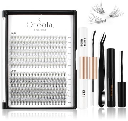 Oreola 228PZS Kit de pestañas individuales con Bond&Seal, pinzas, removedor de pegamento para pestañas, Kit de pestañas naturales para extensiones de pestañas caseras en casa (0.1C 8-14 mm 10D+20D)
