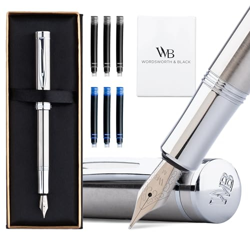 Wordsworth and Black Fountain Pen Mini EDC Silberner Taschenstift, Chrom, Mittlere Feder, 6 Tintenpatronen, Tinten-Konverter, Nachfüllbares Stift-Geschenkset, Männer & Frauen