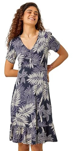 Roman Originals Swing Tea Dress Women UK Ladies Skater Midi A Line Fit & Flare Summer Casual Smart Spring Cocktail Party Going Out Work Cruise Button Through Long Pocket - Navy White - Size 12