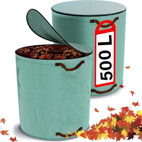 XFLYP 2PCS Sacos de Jardín con Tapa con Cremallera, Bolsas de Basura de jardín con 4 Asas Resistentes, Reutilizable, Plegable, Estable, Robusto Polipropileno para Hojas, Basura, Escombros(500L)