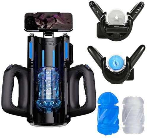 Male Masturbator Automatic Sex Toys Mens for Men Masturbation Device with Dual Handles + Phone Holder + Double Side Open-Ended Silicone Sleeve + Voice Hands-Free Auto Stroker Thrusting Sex Machine