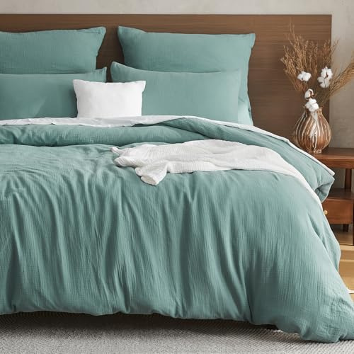 EMME Ropa de cama de muselina, 100% algodón, ropa de cama de verano, funda de edredón de 200 x 200 cm + 2 fundas de almohada de 80 x 80 cm, verde, Oeko-Tex