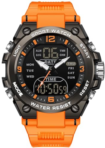 findtime Mens Digital Watch Tactical Military Watches for Men 5 ATM Waterproof Watch Analog Watch with 12/24H LED Backlight Alarm Countdown, Orange