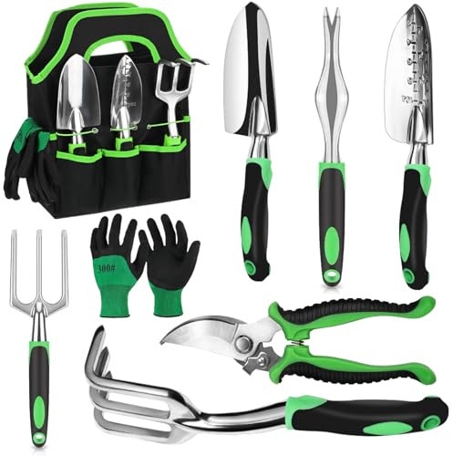 Herramientas de jardín, juego de 8 herramientas manuales de jardinería, juego de regalo ligero de aleación de aluminio a prueba de óxido con bolsa de almacenamiento duradera, mango ergonómico