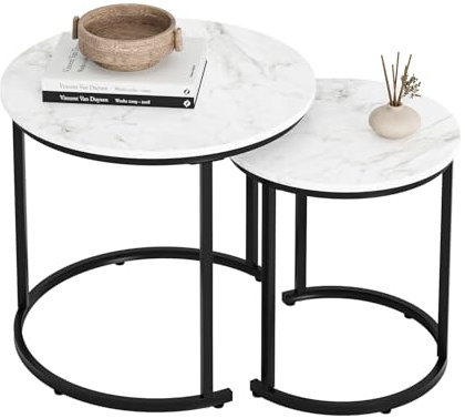 HEYZOEY Couchtisch Rund 2er Set, Wohnzimmertisch, Beistelltische Schwarz Metall, Kaffeetisch für Sofatisch, Wohnzimmer, Schlafzimmer, Schwarze Marmor-Optik mit goldenen Beinen