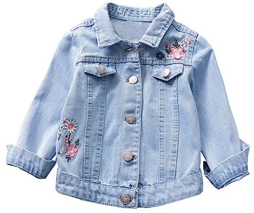 Kleinkind Baby Outwear Langarm Blumendruck Jeansjacke Reißverschluss Kapuze Langarm Mäntel für Kinder Jeansjacke Mädchen Jeans Jacke Bestickten Blumen Denim Jacket Süß Kinderjacke (Blue, 6-7 Years)