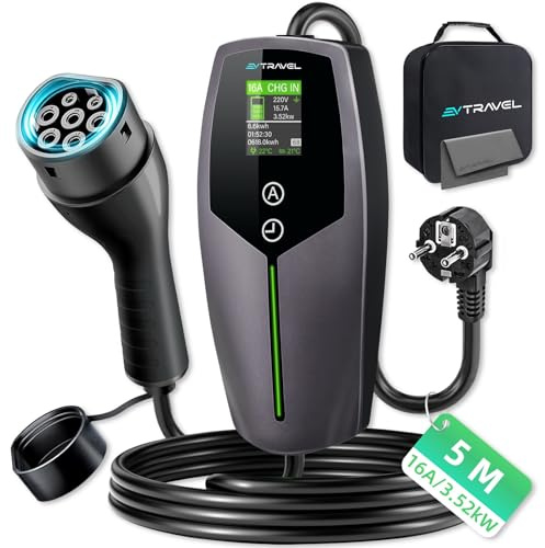 EVTRAVEL Mobile Wallbox/estación de carga tipo 2 [8 – 16 A], cable de carga portátil tipo 2 para vehículos eléctricos (PHEV) según IEC62196-2 (3,5 kW, 5 m)