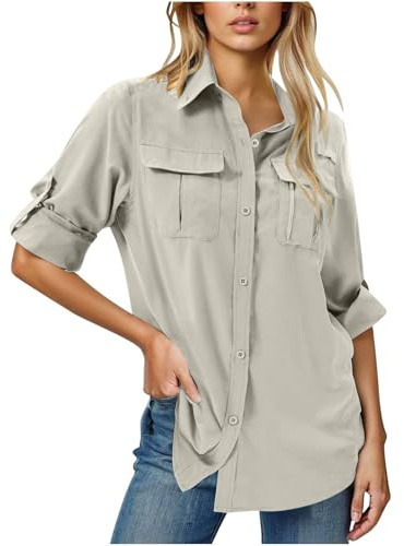 Camicia Safari Anti-UV con Protezione UPF 50 per Donna - Maniche Lunghe, Quick Dry all'aperto, per Pesca Hiking e Viaggi, Protezione Solare e Traspirante(Beige, S)