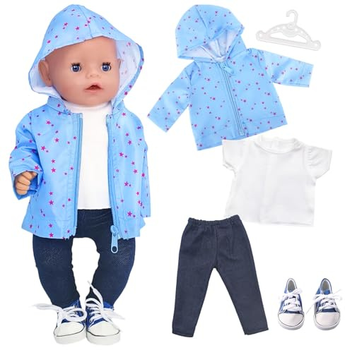 5 st dockkläder kläder kläder för 14-18 tum babydockor, 35-45 cm blå stjärna huvtröja t-shirt byxor tygskor hängare, söta docktillbehör, present till flickor (ingen docka)