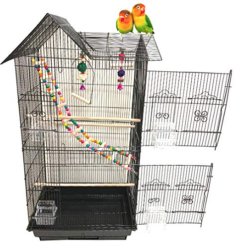 38-Inch Double Roof Top Large Flight Bird Cage with Toys Climbing Ladder Side Nesting Box Doors for Cockatiels Sun Parakeets Conures Aviary Budgie Finch Lovebird Canary Pet Bird Travel Cage