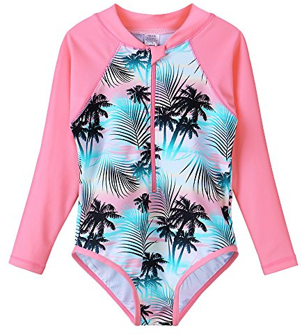 HUAANIUE Girls Swimsuit Long Sleeve 1pcs Swimwear UPF 50+ UV Sunsuit with Zipper 4-12Y Swimming Clothes Summer Bathing Sportswear(GreenPink,152/158)