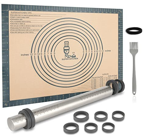 SUPER KITCHEN Mattarello in Acciaio Inox Con 5 Dischi Regolabili Anello, Stuoia di Rolling della Pasticceria del Silicone 50x40cm Antiaderente Tappetino da Forno spianatoia per impastare (Grigio)
