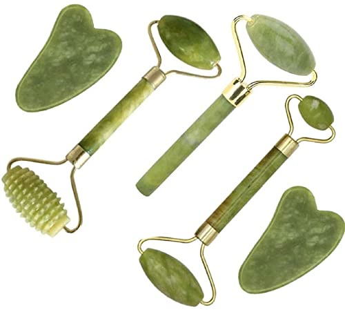 Jade Roller & Gua Sha Set 5 in 1 Facial Massager Tools - Jade Gua Sha Facial Massager Set with Roller for Face Sculpting & Skin Care