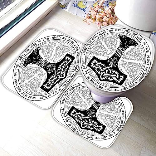 Badematte Set 3 Teilig 40x60 Wikinger Badematten 3D rutschfest Waschbar Badvorleger WC Vorleger Deckelbezug U-Förmige Badteppich Badezimmer Thors Hammer Badezimmerdekoratio