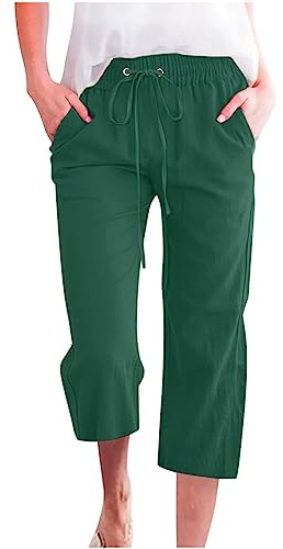 oglccg Womens Capris Trousers 3/4 Pants Cotton Linen Elastic High Waist Cropped Pants Drawstring Summer Autumn Solid Color Pockets Loose Pants Straight Wide Leg Trousers Outdoor, #01 Army Green, 5XL