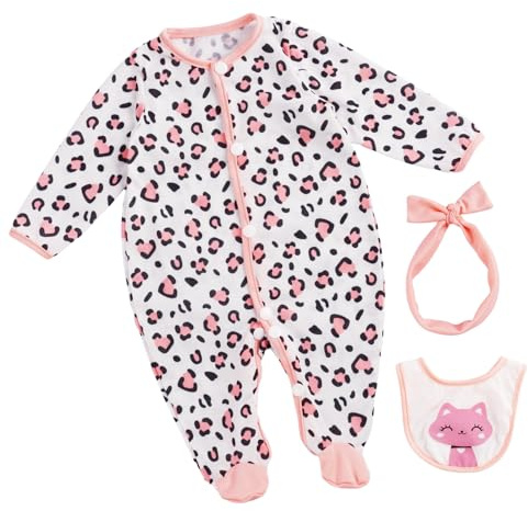 BABESIDE Reborn Baby Doll Clothes Set – Leopard Print Realistic Baby Doll Outfit with Bow Headband & Kitty Bib – Baby Doll Accessories for 17-22 Inch Dolls