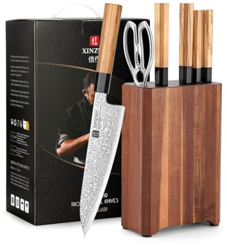 XINZUO 67 Schichten Damaststahl 7-Teilig Messerblock Sets, Profi Küche Kochmesser Set-Handgefertigter achteckiger Griff aus Olivenholz -mit Akazienholz Messerblock und Multifunktions Küchenschere