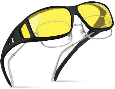 konqkin Night-Driving-Glasses-Anti Glare-Yellow Driving Glasses-Sunglasses-Mens-Women-Polarised- Over-Prescription-Glasses-Wrap-Around-Sunglasses-UV400 For Driving,1