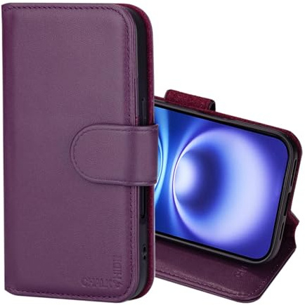 CHALK & HIDE Genuine Leather Wallet Case for iPhone 16 (6.1) | RFID Blocking Card Slots, Magnetic Flip Cover, Kickstand | Premium Book-Style Protective Case- Aubergine