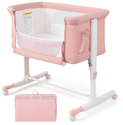 GOPLUS 3 in 1 Beistellbett, tragbares Reisebett mit Wiegemodus, abnehmbare Matratze, Taschen & feststellbare Räder, Babybett höhenverstellbar, Kinderbett für Baby bis 9 kg (Rosa)
