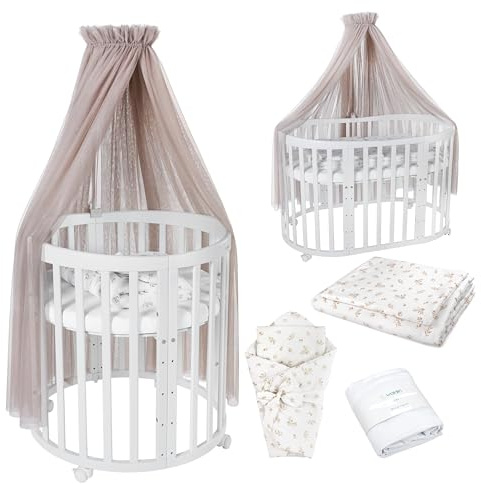 Waldin Oval Baby-Bett Mitwachsend Komplett Set 7in1, Gitterbett, Kinderbett mit Matratze, Wickelkommode, Beistellbett, Holz Weiß, Stoffe Taupe Zweige