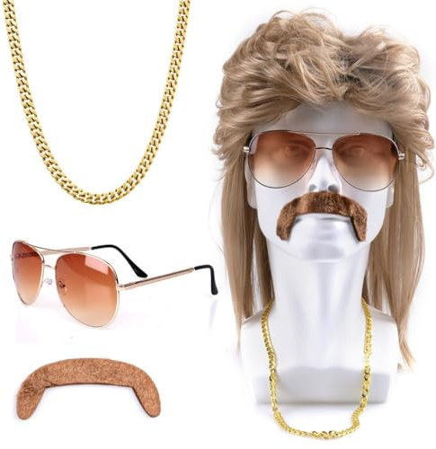 Vokuhila Perücke Herren,4 Stück Vokuhila Perücke Set,80er Perücke Herren,Synthetische Perücke,Perücken Wig Sonnenbrille Halskette,Outfit Accessoires Herren,Männer Perücke Cosplay Kostüm Party