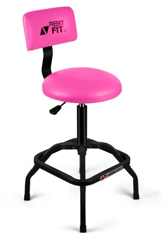 FreekyFit Shop Stool with Backrest, Mechanic Garage Stool for Workshop, Adjustable Shop Stools Chair, Padded Workbench Stools for Men Women, 300 LBS Capacity, 360° Swivel PVC Seat, Heavy Duty, Pink