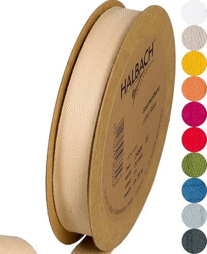 Halbach Sidenband bomullsband | 20 mm x 20 m | vävband 100% bomull | Band för pyssel som metervara | tygband för dekorationer, gör-det-själv-hantverk, snedband sömnadsarbeten, färg: sand