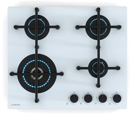 Klarstein Illuminosa 4 Gaskochfeld - 4 Sabaf-Brenner, 4 kW Wokbrenner, Gehärtetes Glas, Elektrische Zündung, Gasherd Kompatibel, Verbesserte Kochleistung, Weiß, 59x13x51 cm
