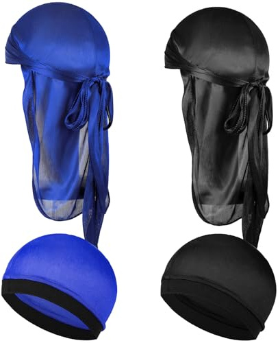Wanmu 4Pcs Kids Silky Durag with Wave Caps Set, Silky Satin Durag Extra Long Tails, Long Tail and Wide Strap Headwraps, Wide Straps Waves