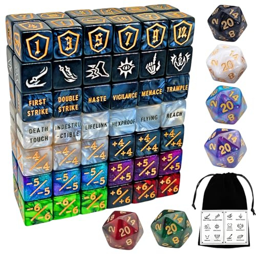 90-teiliges MTG Counter Würfel Set - Fähigkeits-Stichwort-Zähler, -1/+1 Lebenszähler, Schildzähler, MTG Muster-Würfel, Kreaturen-Statistik-Buffs, mehrfarbige Marmor D6 Würfel, MTG Spiele