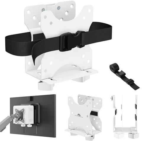 Maclean MC‑115 Mini PC-hållare | VESA Standard 50–100 mm | Justerbar djup 17–70 mm | Lastkapacitet upp till 5 kg | Säkerhetsrem ingår | Kompakt design (vit)