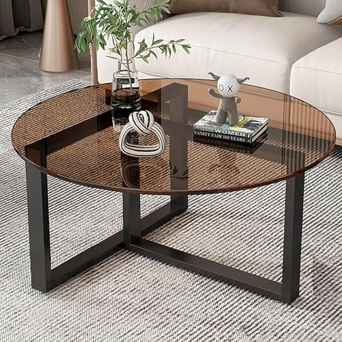 HanDpi Braun, 70 cm, runder Couchtisch aus Glas, Schreibtischplatte aus gehärtetem Glas mit abgerundeten Ecken und Kollisionsschutz, Beinstütze aus Schmiedeeisenmetall – sicher und stabil