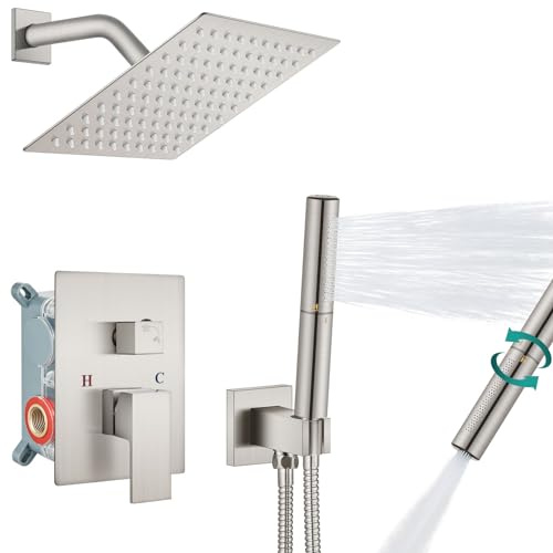 Shower System Head with Rain and Handwall Bracket High Pressure Faucet Set with 2 in 1 Handheld and Rough Valve 16 Inch Brushed Gold LWX