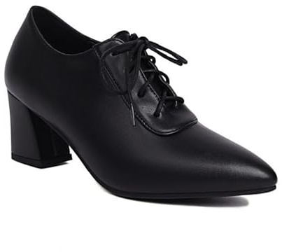 Femmes Talon Épais Hauts Chaussures Oxford Bout Pointu Cuir PU Escarpin De Robe Lacer Vintage Brogues,Black1,35.5 EU