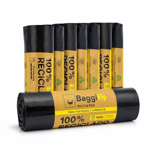 Baggifly, Bolsas de Basura 100L, 80 Bolsas Súper Resistentes, 100% Recicladas, ECO Friendly, Hostelería, Comercios y Jardinería, Pack 8 x 10, Fabricado en España