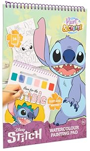 Disney Stitch Peinture à l'Eau | Livre d'Aquarelle Enfant, 24 Dessins | Bloc d'aquarelle avec la peinture sur chaque dessin, il suffit d'un verre d'eau, pages à détacher pour les accrocher