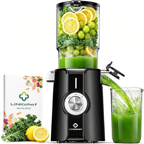 LINKChef estrattore frutta e verdura, apertura 115mm estrattore di succo 1.2L, slow juicer machine per Frutta e Verdura Intere, senza BPA, facile da smontare e pulire, Ricette Incluse, 200W, Nero