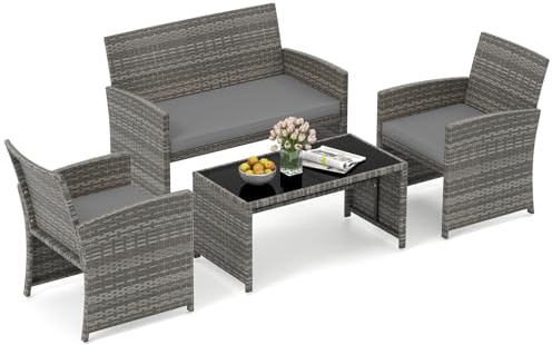 COSTWAY Salon de Jardin 4 Pièces en Rotin PE Charge 180-360KG (Gris) | Ensemble de Meubles d'Extérieur avec Coussins et Table Basse en Verre Trempé pour Patio Balcon Terrasse