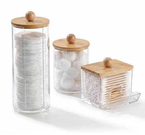 Merzio Premium Cotton Pads Holder and Cotton Wool Balls Dispenser Set, Clear Acrylic Bathroom Organiser with Lids, Cotton Bud Holder for Skincare Storage