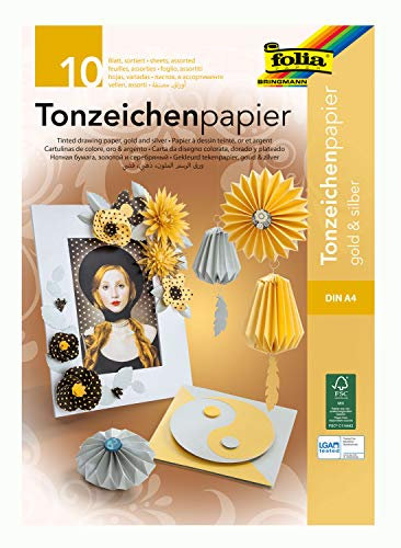 folia Block mit Tonzeichenpapier in Gold/Silber, 10 Blatt, 130 g/qm, DIN A4, ideale Grundlage für vielfältige Bastelarbeiten wie Fensterbilder, Scrapbooking, Kartengestaltung