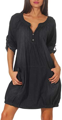 malito – Langarm Jeanskleid Damen mit Taschen – Unisize Maxikleid für Sommer, Herbst & Winter – schickes Blusenkleid 6255 (Dunkelgrau | Größe 36-42)