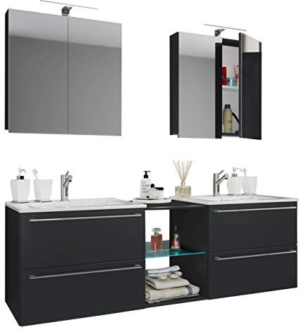 VCM 3-tlg. Set | 2 Waschtisch, 2 Spiegelschrank, 2 Waschbecken, 1 Mittelfach | Keramik Waschbecken | Unterschrank 155 cm | Badmöbel Set Doppel Waschplatz - Badinos XXL black